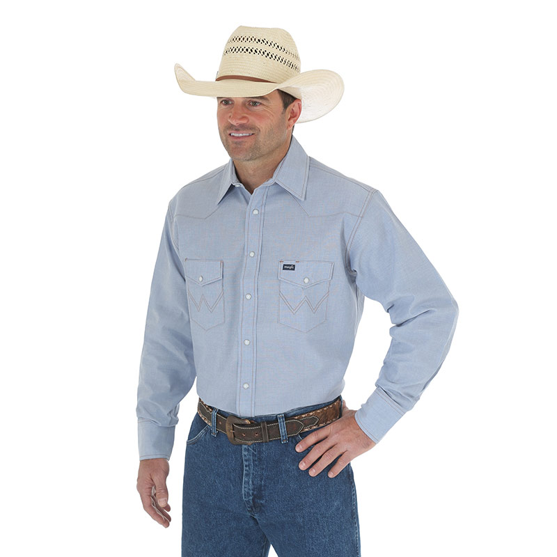 Men's Wrangler Cowboy Cut Work Western Chambray Long-Sleeve Shirt - Gebo's